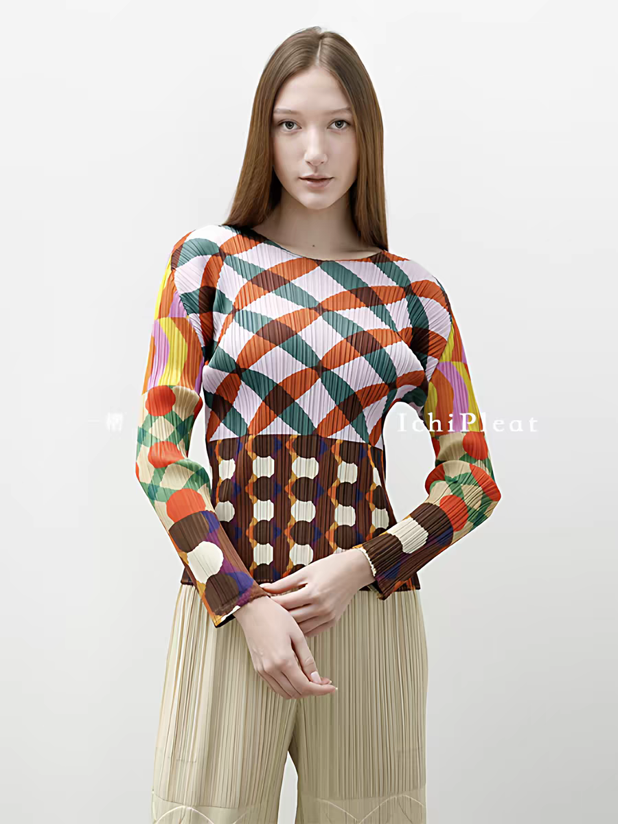 281-6 이세 ISE 플리츠플리즈 프린트 롱 슬리브 탑
