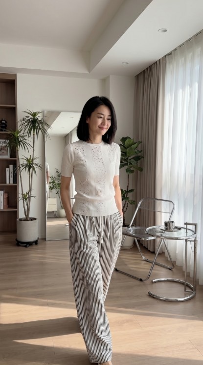 685 샤 CHA 펀칭 쇼트 슬리브 탑
