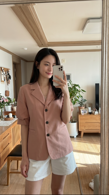 764 오브 OBZ 린넨 블렌드 핀턱 하프 슬리브 재킷