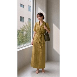 834 랑 LAN 벨티드 테일러드 하프 슬리브 자켓 & 버티컬 스트라이프 밴딩 스커트