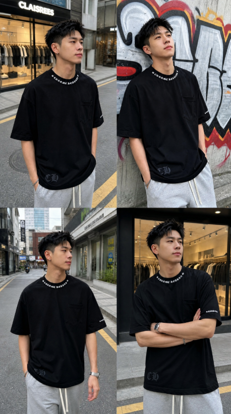 137 크롬 CHR 남성 넥자수 반팔 티셔츠